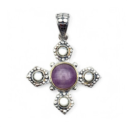 Pendentif Argent 925 et Laiton avec Kunzite et Nacre blanche