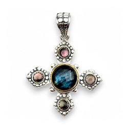 Pendentif Argent 925 et Laiton avec Labradorite et Nacre grise