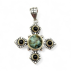 Pendentif Argent 925 et Laiton avec Turquoise Africaine et Onyx