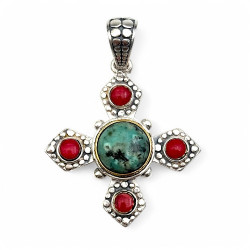 Pendentif Argent 925 et Laiton avec Turquoise Africaine & Gorgogne