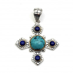 Pendentif Argent 925 et Laiton avec Turquoise et Lapis Lazuli