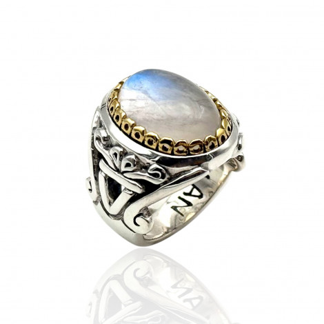 Bague Argent 925 et Laiton avec Pierre de lune bleue