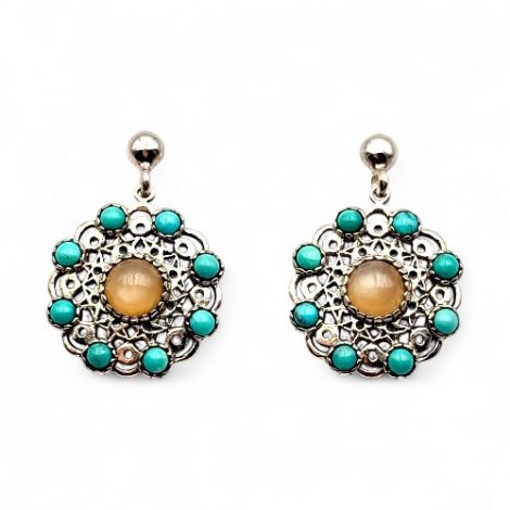 Boucles d'oreilles argent, turquoises et pierre de lune orange