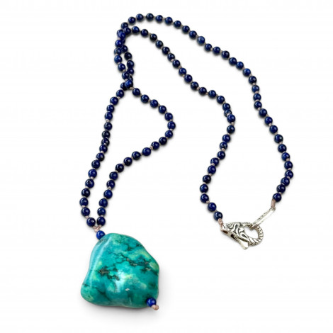 Collier Argent 925, perles de lapis lazuli et nugget turquoise 45cm