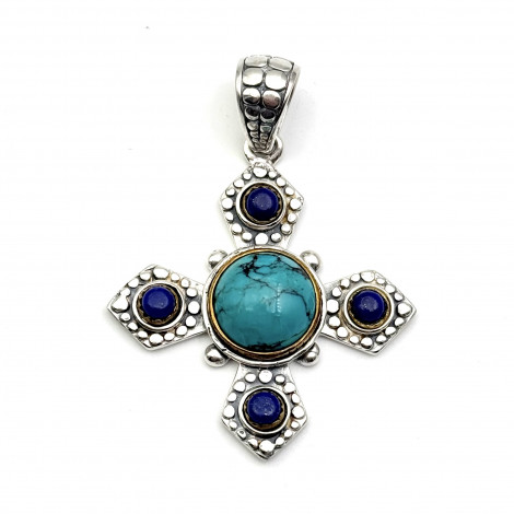 Pendentif Argent 925 et Laiton avec Turquoise et Lapis Lazuli