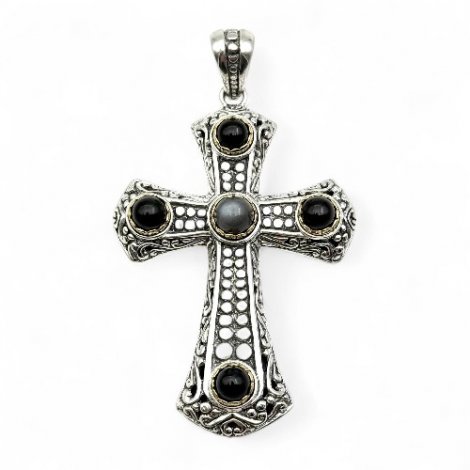 Pendentif Croix Argent & Laiton Pierre de Lune noire et Onyx