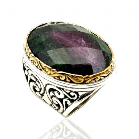Sterling silver ring with brass and faceted zoisite ruby