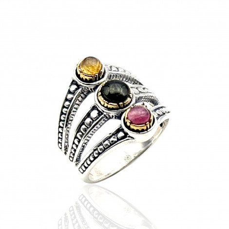 Sterling silver ring with brass and tourmalines