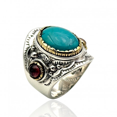 Sterling silver ring with brass and turquoise & tourmalines