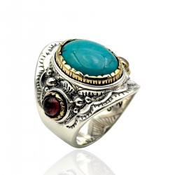 Bague Argent 925 et laiton avec turquoise et tourmalines