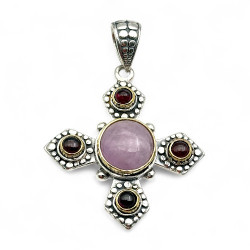 Pendentif Argent 925 et Laiton avec Kunzite et Grenat