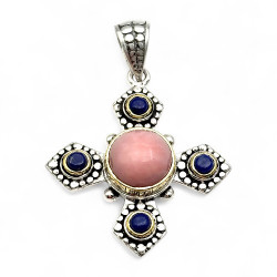 Pendentif Argent 925 et Laiton avec Opale rose et Lapis Lazuli