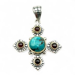 Pendentif Argent 925 et Laiton avec Turquoise et Grenat