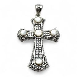 Pendentif Croix Argent & Laiton Nacre blanche