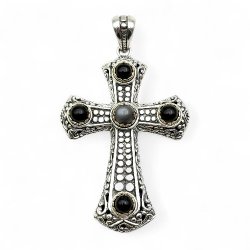 Pendentif Croix Argent & Laiton Pierre de Lune noire et Onyx
