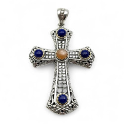 Pendentif Croix Argent & Laiton Pierre de Lune orange et Lapis Lazuli