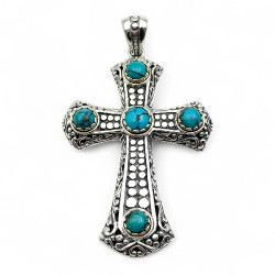 Pendentif Croix Argent & Laiton Turquoise 