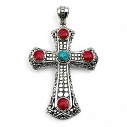 Pendentif Croix Argent & Laiton Turquoise et Gorgogne