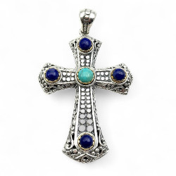 Pendentif Croix Argent & Laiton Turquoise et Lapis Lazuli