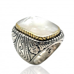 Sterling silver ring with brass and white mother of pearl