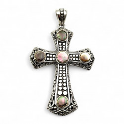 Pendentif Croix Argent & Laiton Nacre grise