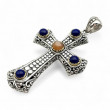 Pendentif Croix Argent & Laiton Pierre de Lune orange et Lapis Lazuli